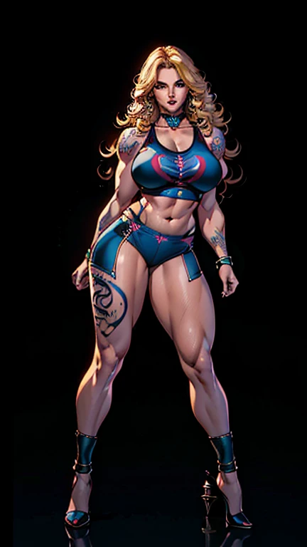 (beautiful detailed photo), (high quality image), (((confident woman))), (((gorgeous face))), (((full plump lips))), (((beautiful eyes))), long curly blonde hair, (((huge muscles))), (((big breast))), (((broad wide shoulders))), (((huge broad muscular shoulders))), (((thin skinny thighs))), (((tattoo on arm))), ((sexy sports bra)), ((sexy spandex shorts)), (choker), (((sexy pose)))