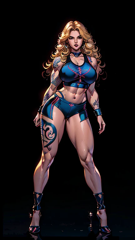 (beautiful detailed photo), (high quality image), (((confident woman))), (((gorgeous face))), (((full plump lips))), (((beautiful eyes))), long curly blonde hair, (((huge muscles))), (((big ))), (((broad wide shoulders))), (((huge broad muscular shoulders))), (((thin skinny thighs))), (((tattoo on arm))), ((sexy sts bra)), ((sexy span shorts)), (choker), (((sexy pose)))