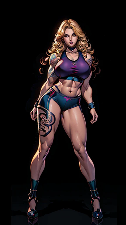 (beautiful detailed photo), (high quality image), (((confident woman))), (((gorgeous face))), (((full plump lips))), (((beautiful eyes))), long curly blonde hair, (((huge muscles))), (((big breast))), (((broad wide shoulders))), (((huge broad muscular shoulders))), (((thin skinny thighs))), (((tattoo on arm))), ((sexy sports bra)), ((sexy spandex shorts)), (choker), (((sexy pose)))