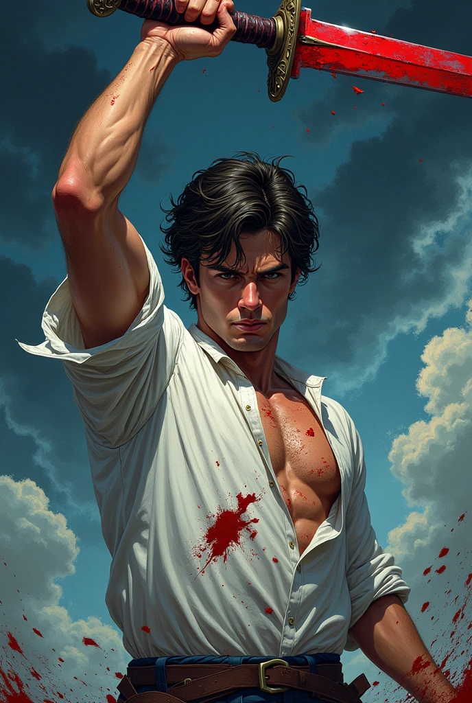 creates a young man who has a blood sword comic book style image with his entire body bruised with a spot of blood on his white shirt the background of the painting has Stormy Night as the title Blood of Steel