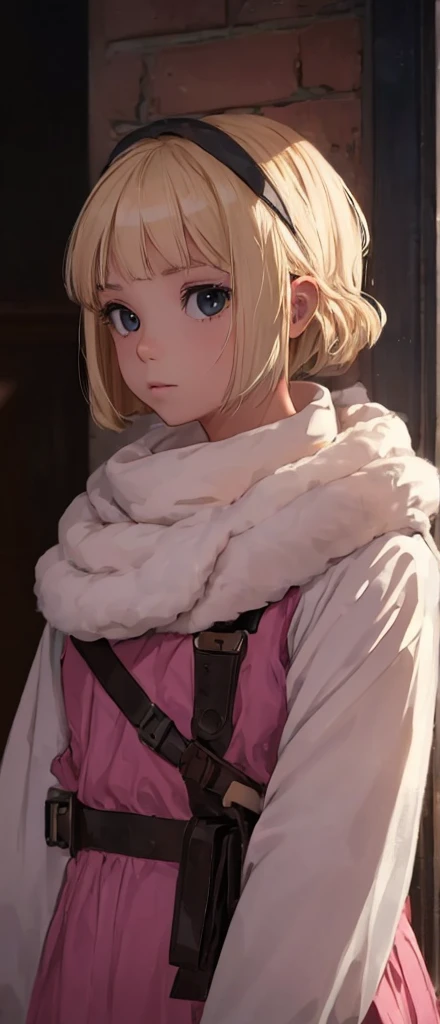 ((((child)))) masterpiece), best quality, high resolution blonde 1child bob cut medium hair standing alone cowl headband profile image looking at viewer beautiful eyes beautiful face extremely detailed pink clothing child