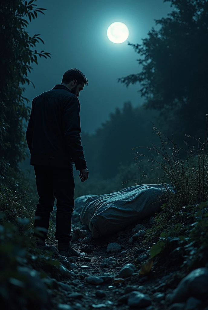 On a dark night a man buried a  covered in sheets and covered it with garbage in an area of plants 
