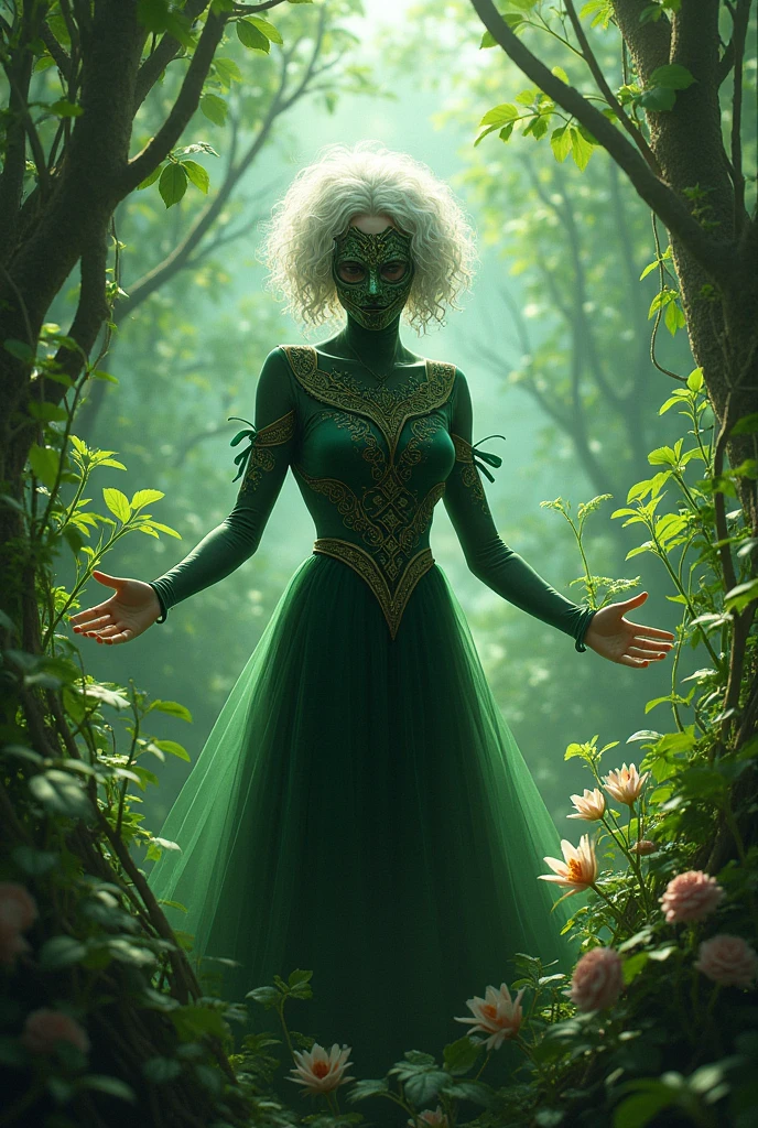 Make a hero with short curly hair, a masked man who controls plants and has white skin
