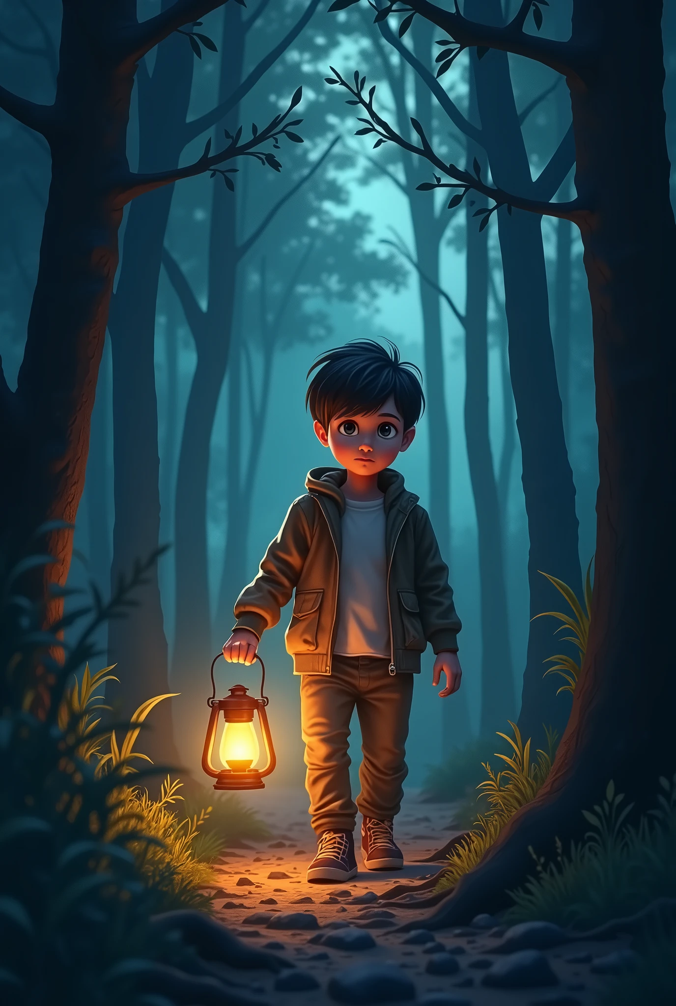 "Create a logo featuring a young boy holding a lantern that emits a soft, warm light, guiding his way through a dark forest. The boy’s expression should be determined, symbolizing his journey of self-empowerment and overcoming loneliness. The lantern light should illuminate the path ahead, representing hope and direction. Use contrasting colors, such as dark blues and blacks for the forest and warm yellows for the lantern light, to emphasize the contrast between darkness and light."