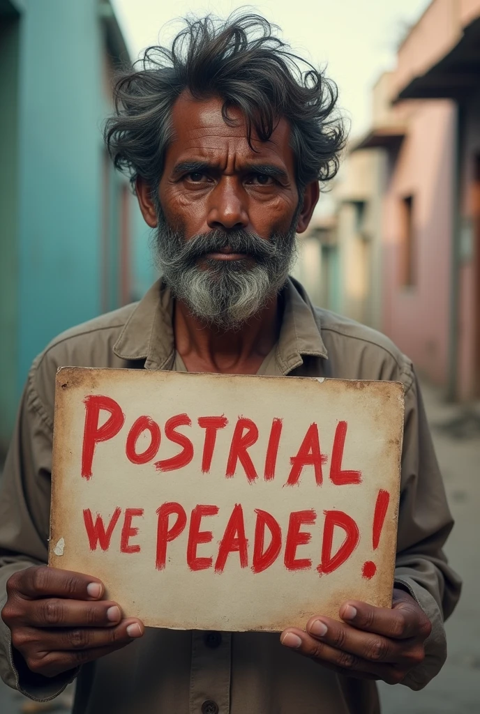 an indian man with a sign in his hand that says help in lipstick