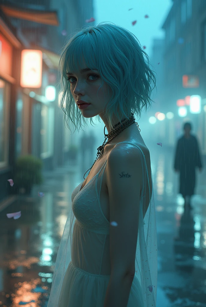 NUDE:1.2,Traction collar:1.3,Leash:1.3,protrait photo,Full body image,For the audience,Shred clothes,Fragments of clothing,cpainting,psychedelic,Dreamlike,atmospheric artwork depicting a rainy street scene at night. soft,pastel color palette dominated by blues and eerie oranges. A girl with short,light blue hair,wet hair, dressed in a wet and transparent dress,offering an ethereal,almost ghostly presence. The background showcases blurred city lights,rain reflections,and falling petals,creating a sense of melancholy and romanticism. Dynamic composition with a mix of sharp and softened details,emphasizing the dreamy,impressionistic style. Another figure,possibly a young man,stands in the blurred rain-soaked background,contributing to the sense of solitude and introspection.,,Devil figure,slim,Front convex and back curved,Perfect body,的Very detailed details of the face,Clear facial features,Fair and delicate skin,long legs,Avoid changing the facial features of the reference image,Perfect facial features,Very detailed details of the face,Glowing eyes,Mid-chest,Cleavage,clavicle,Light arm,Bare legs,Black over the knee,Perfect body比例,Long legs,Devil figure,Real skin texture,Glowing translucent skin,Real skin pores,Perfect hands,Perfect hands臂,Perfect hands指,Perfect legs,Perfect feet,Perfect feet趾,Covered in sweat,Devil figure,slim,Front convex and back curved,Perfect body,的Very detailed details of the face,Clear facial features,Fair and delicate skin,long legs,Avoid changing the facial features of the reference image,Perfect facial features,Very detailed details of the face,Glowing eyes,Big breasts,Cleavage,clavicle,Light arm,Bare legs,Black over the knee,Perfect body比例,Long legs,Devil figure,Real skin texture,Glowing translucent skin,Real skin pores,Perfect hands,Perfect hands臂,Perfect hands指,Perfect legs,Perfect feet,Perfect feet趾,