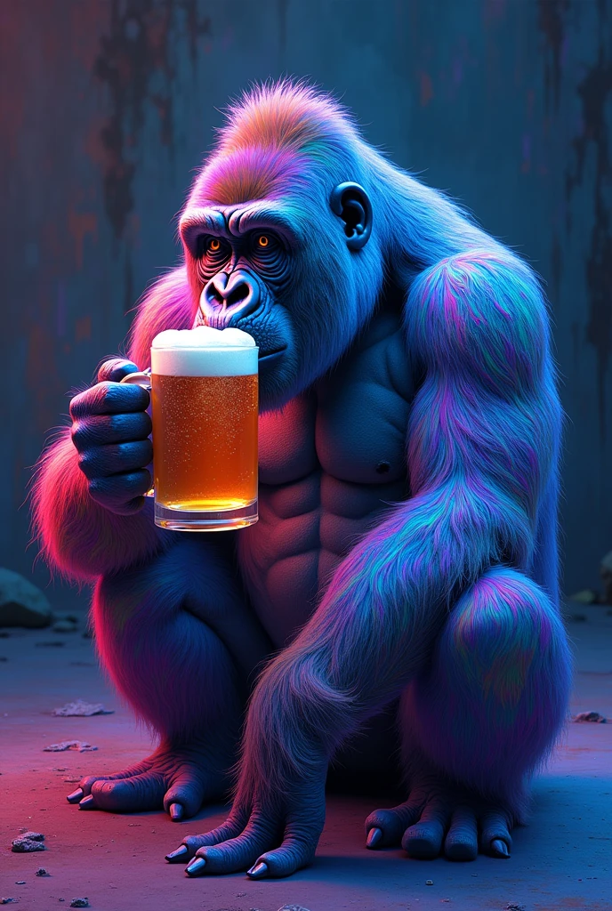 Gorilla in psychedelic color, sitting drinking a beer from a mug