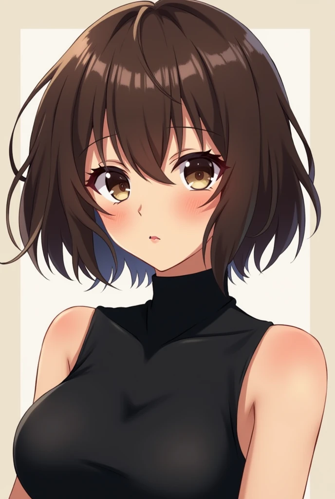 boku no hero academia art style, Horikoshi art style, twenty one year old woman, short fluffy medium brown hair, bangs split in three sections, longer strands franing bangs, hazel eyes, tired eyes, smaller slightly downturned eyes, black sleeveless turtleneck