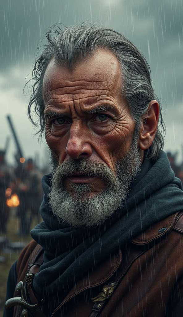 Portrait of a Tough Face (Old Warrior:1.3), (Face Focus:1.5), (storm:1.2), (rain:1.3), battlefield, (Artillery Background:1.3), (Cowboy Shot:1.4), (Napoleon's Army:1.3), View your viewers, Realistic, masterpiece, Highest quality, Backlight, (Lens flare:1.1), (bloom:1.1), (chromatic aberration:1.1), Jeremy Lipking, Antonio J.. Manzanado, Digital Painting
