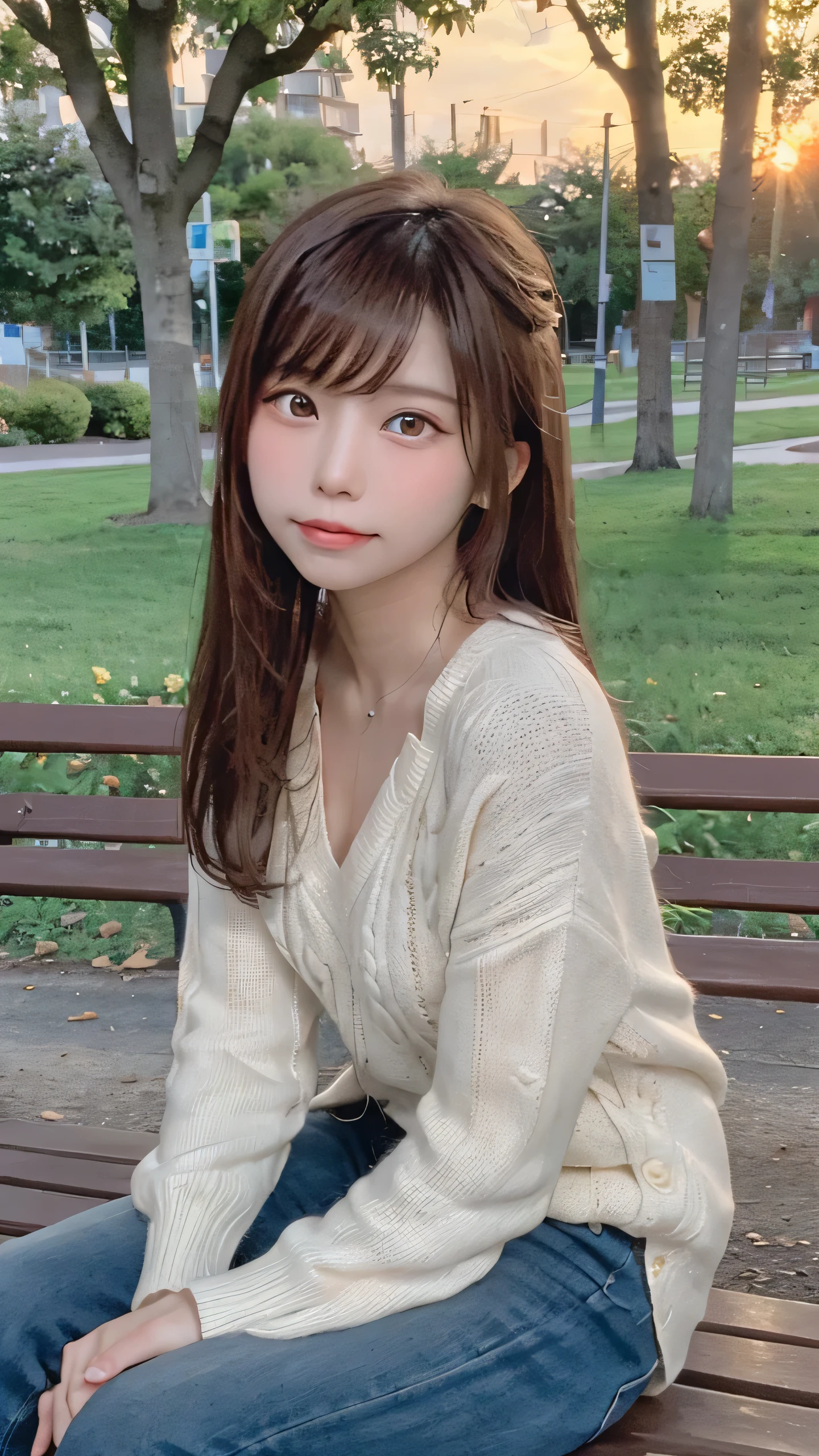 masterpiece, highest quality, High resolution, Evening, urban park, peaceful atmosphere, setting sun, warm orange light, trees and benches, few people in the background, some walking, some sitting, Young woman, early 20s, sitting on a bench, relaxing after work, casual outfit, light sweater, jeans, comfortable sneakers, long hair tied back, looking at the sunset, serene and content expression, slight smile, Mid-shot, focus on her sitting on the bench, with the sunset and park scenery in the background, capturing the tranquil and relaxing moment