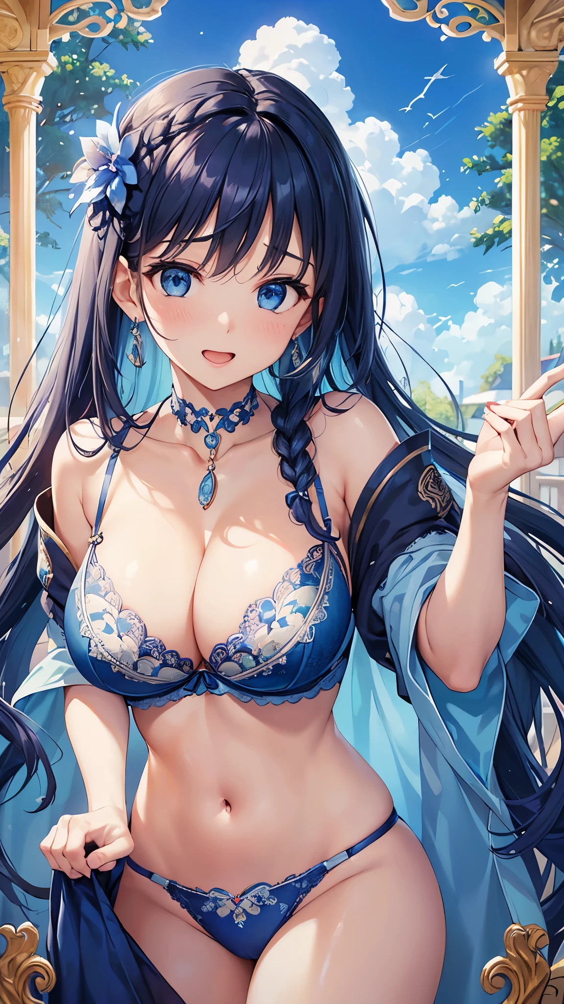 Highest quality、Highest quality、masterpiece、(8k resolution),beauty(Age 25)、(Mature Appearance)、Long Hair(Braiding of sides)、blue eyes、(Intricately embroidered underwear、bra)、Big cleavage、((Super big breasts))、Excited expression、blue necklace、Blue Earrings、background(flower)、Please open your mouth wide、Dynamic pose、Blue choker、