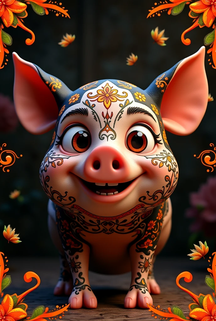 Generate me an image of an animated pig head with a black and orange Day of the Dead style with a patterned style