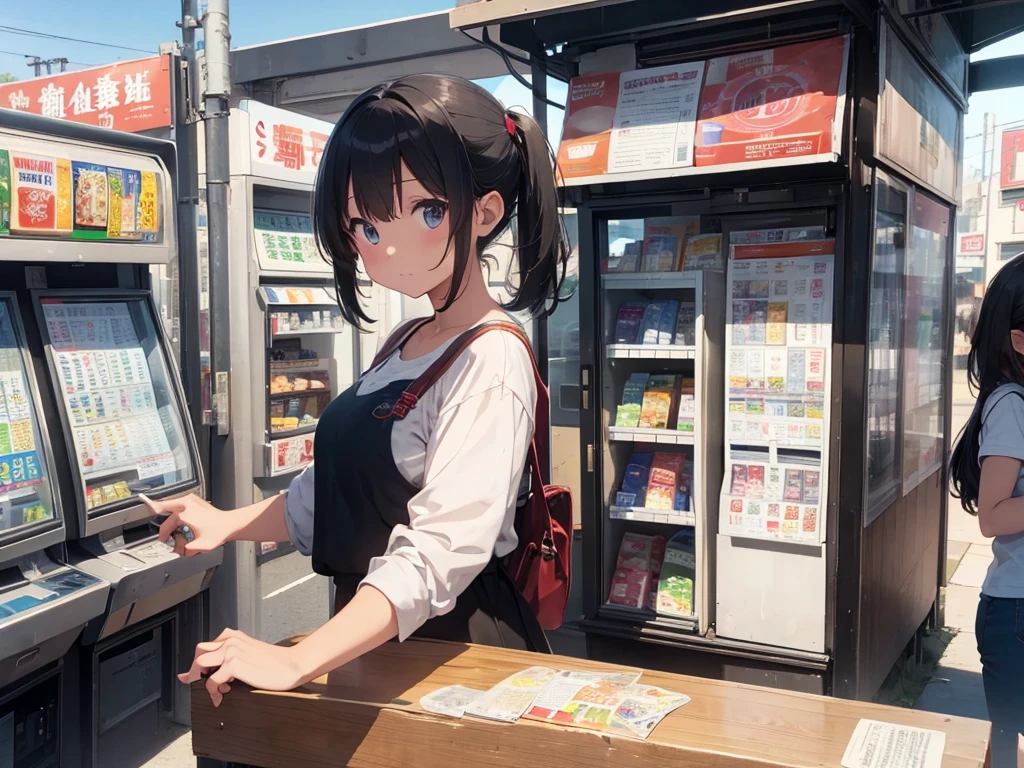 High quality, 8K. masterpiece, Highest quality, High definition, 8K, high resolution, Lottery ticket booth, elf girl is Buying lottery tickets, 周りを気にしている