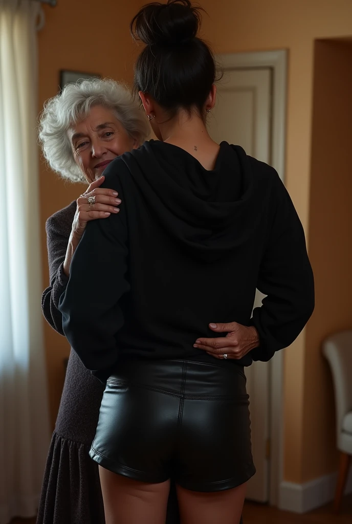 black woman hair in a bun black hoodie black leather short shorts being fucked in the ass by a old grandma in a dress