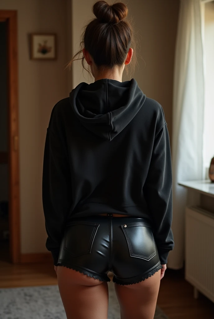black woman hair in a bun black hoodie black leather short shorts being fucked in the ass by a old grandma in a dress