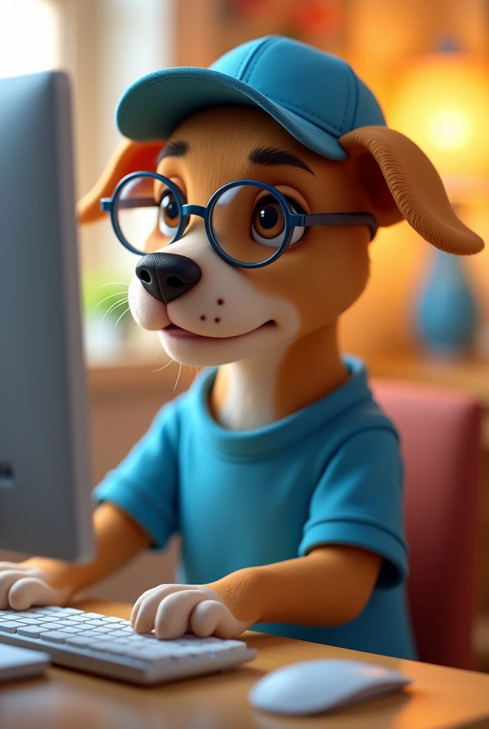 Light brown pitbull dog wearing clear glasses, lightbrown eyes, blue cap, blue csmisa, Disney style, using computer. 4K