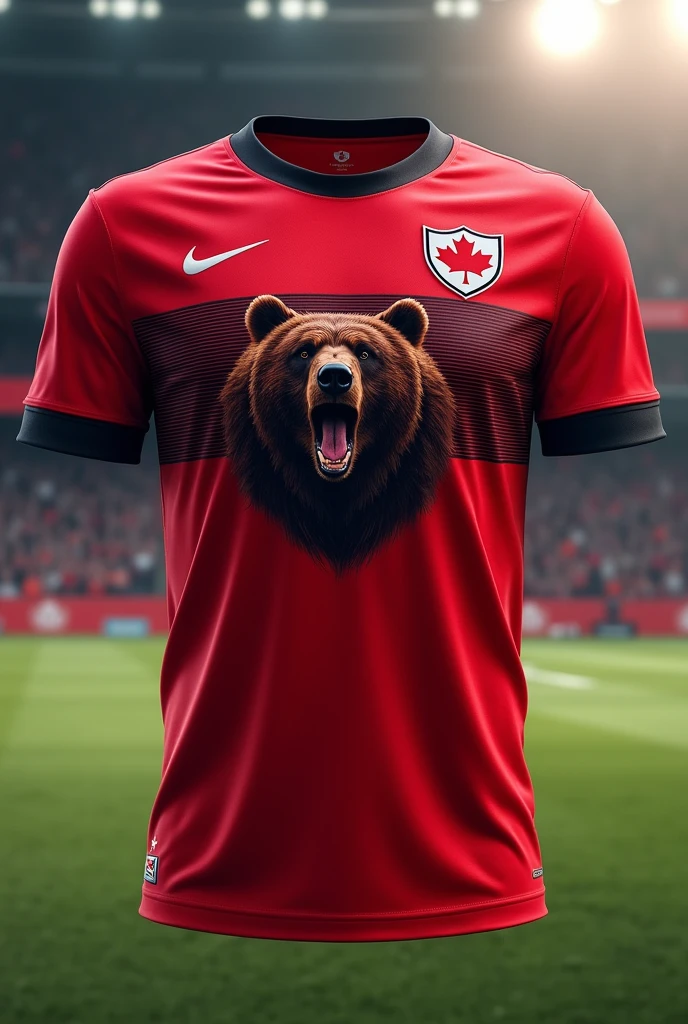 Red Canada soccer jersey with black detail and bear