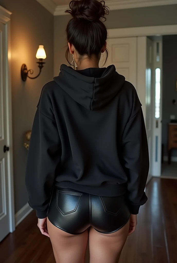 black woman hair in a bun black hoodie black leather short shorts being fucked in the ass by a old grandma in a dress