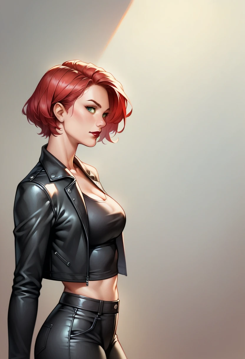 (high-level image quality), (high quality), (high resolution), (detailed), (masterpiece), beautiful woman, ((caucasian)), green eyes, red hair, short hair, dark red lipstick, black top, leather jacket, leather pants, portrait, side view, confident,