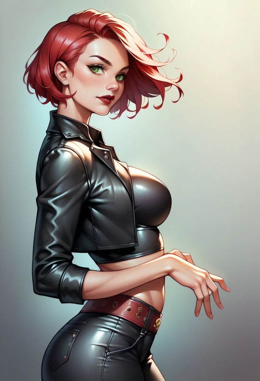 (high-level image quality), (high quality), (high resolution), (detailed), (masterpiece), beautiful woman, ((caucasian)), green eyes, red hair, short hair, dark red lipstick, black top, leather jacket, leather pants, portrait, side view, confident,