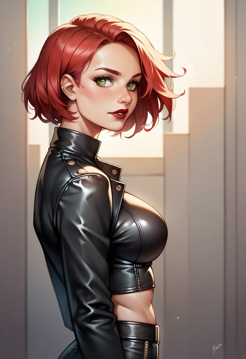 (high-level image quality), (high quality), (high resolution), (detailed), (masterpiece), beautiful woman, ((caucasian)), green eyes, red hair, short hair, dark red lipstick, black top, leather jacket, leather pants, portrait, side view, confident,