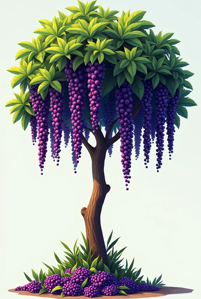 The Bright Acai Berry • illustration of an acai tree A close-up of a tall tree with bright purple berries hanging from it. The image must convey the beauty and uniqueness of açaí