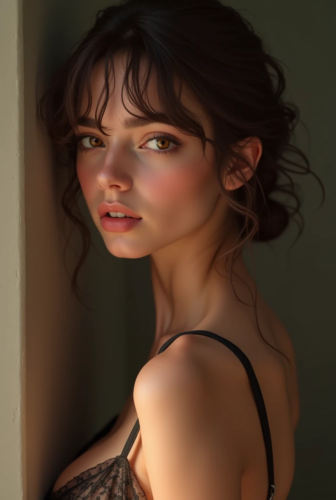 1 girl, Italian, brunette and slim , small breasts, the smallest round buttocks. curly hair, short bangs