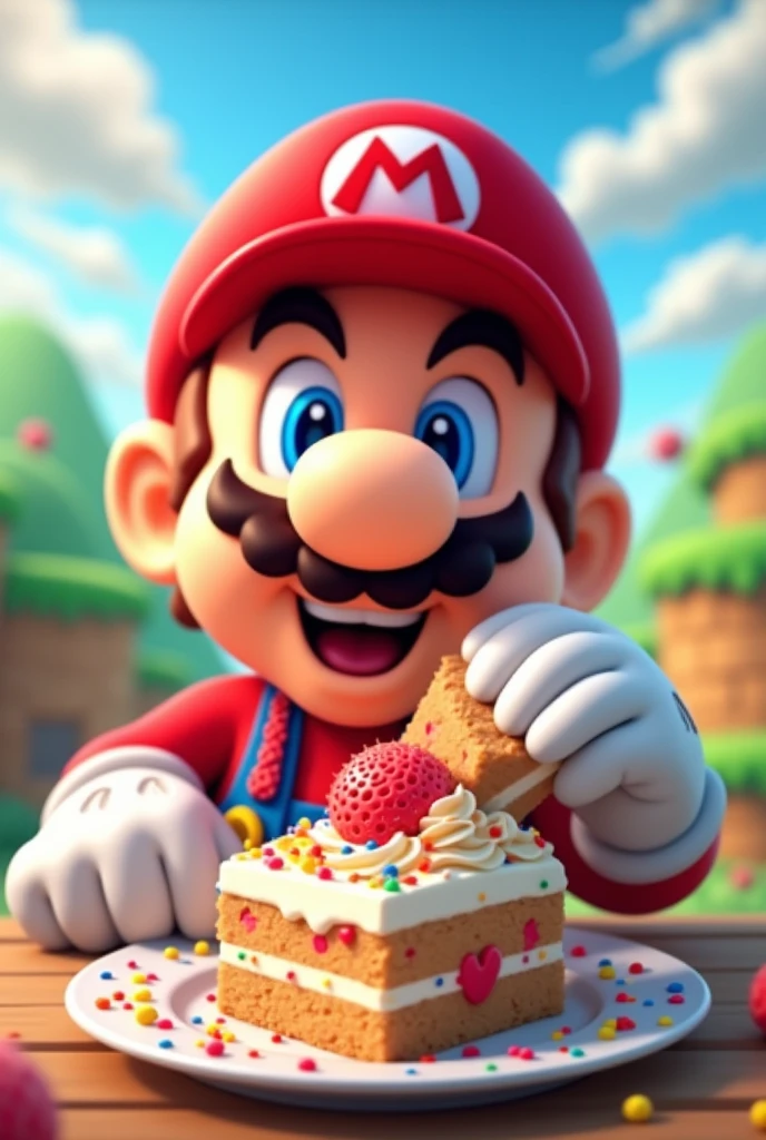 Super Mario eating a cake