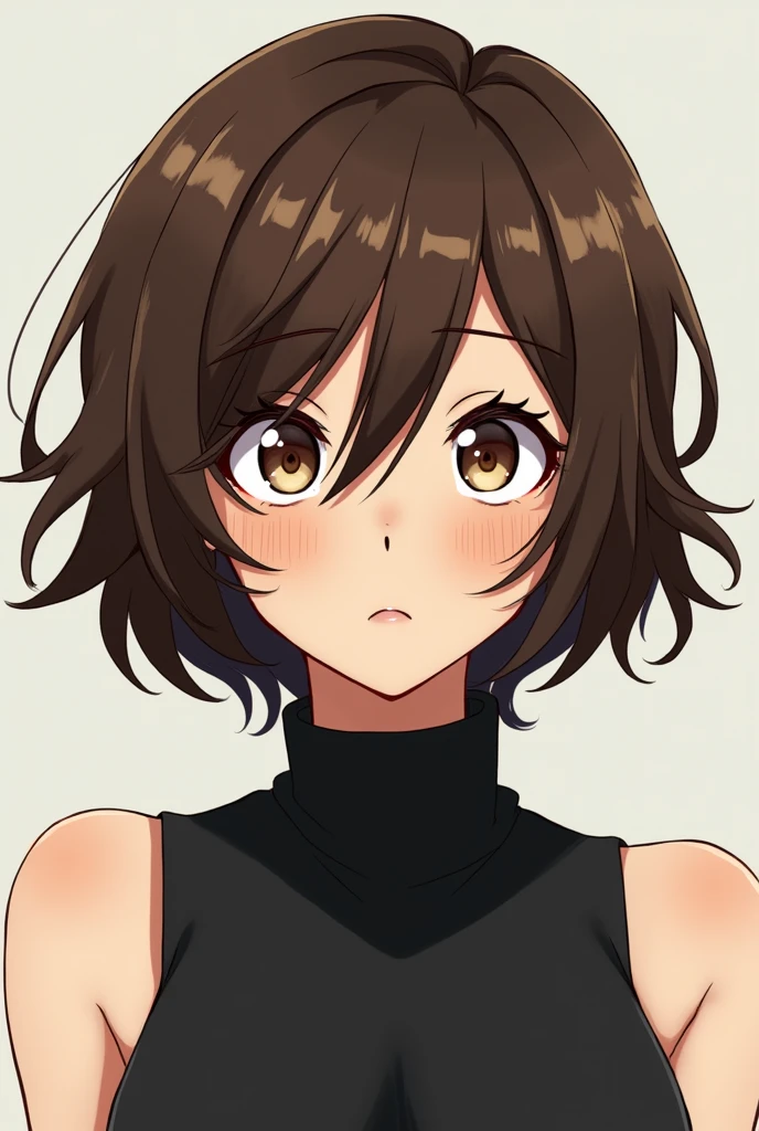 boku no hero academia art style, Horikoshi art style, twenty one year old woman, short fluffy medium brown hair, bangs split in three sections, longer strands franing bangs, hazel eyes, tired eyes, smaller slightly downturned eyes, black sleeveless turtleneck