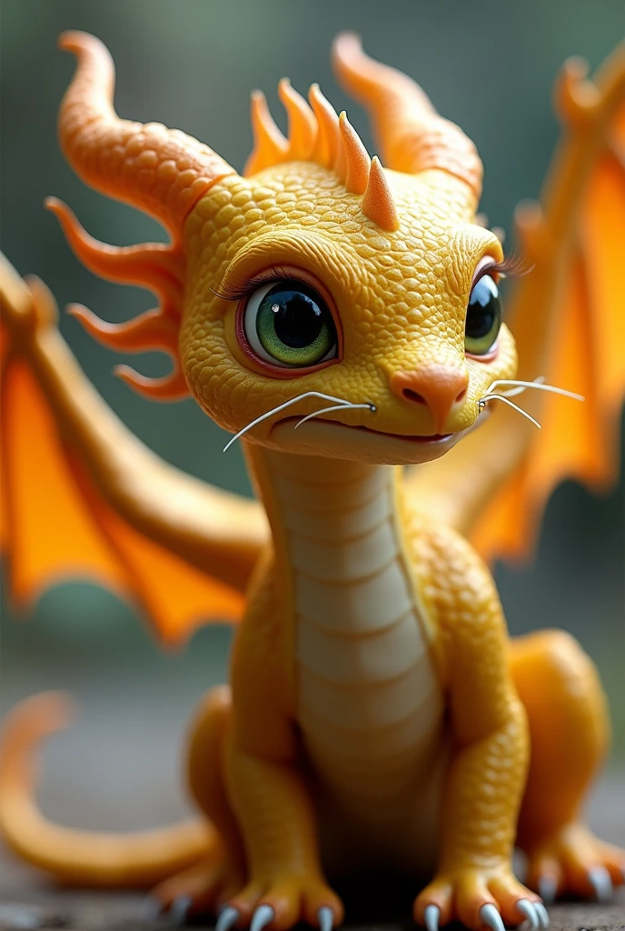 A golden dragon hatchling has a shrewd face adorned with flexible, whisker-like spines.. His horns come from his nose, passing through the eyebrows and two twin crests adorn its long neck. The wings of a golden dragon cub, similar to the sails of ships, start at their shoulders and continue to the tip of their tail, 
allowing it to fly with a distinct wavy motion, as if swimming in the air. A baby gold dragon has dark yellow scales with metallic flecks..