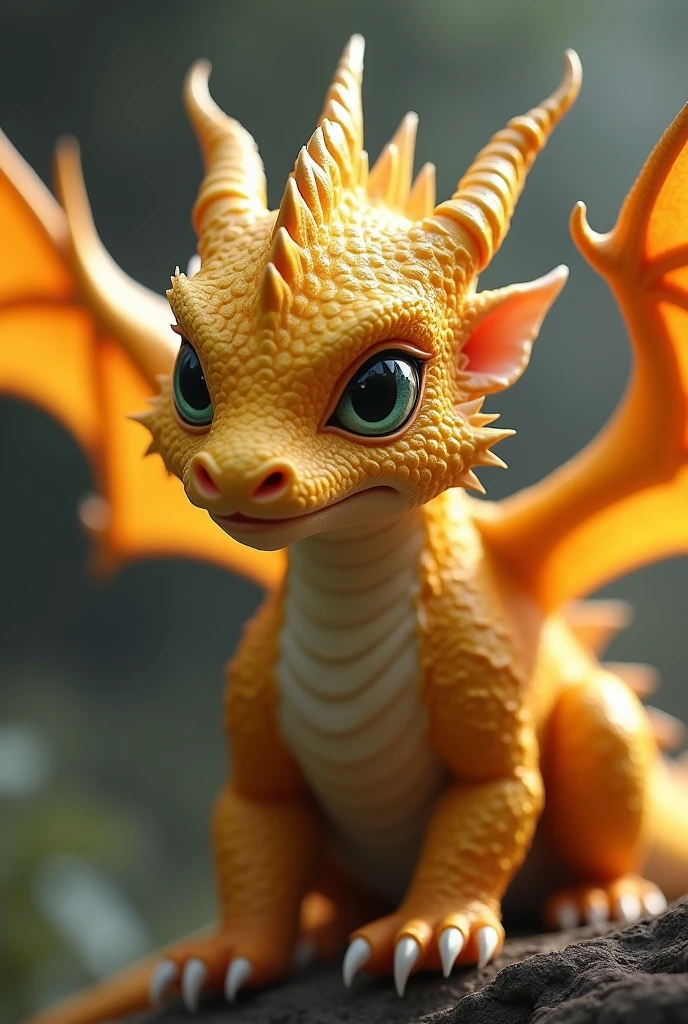 A golden dragon hatchling has a shrewd face adorned with flexible, whisker-like spines.. His horns come from his nose, passing through the eyebrows and two twin crests adorn its long neck. The wings of a golden dragon cub, similar to the sails of ships, start at their shoulders and continue to the tip of their tail,
allowing it to fly with a distinct wavy motion, as if swimming in the air. A baby gold dragon has dark yellow scales with metallic flecks..