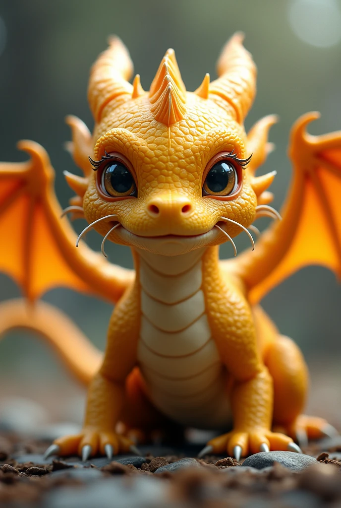 A golden dragon hatchling has a shrewd face adorned with flexible, whisker-like spines.. His horns come from his nose, passing through the eyebrows and two twin crests adorn its long neck. The wings of a golden dragon cub, similar to the sails of ships, start at their shoulders and continue to the tip of their tail,
allowing it to fly with a distinct wavy motion, as if swimming in the air. A baby gold dragon has dark yellow scales with metallic flecks..