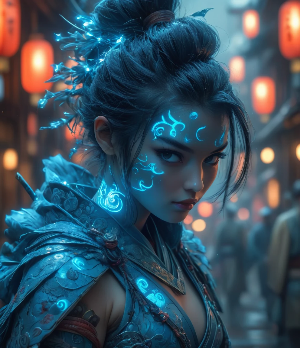 Samurai, 25yo woman, hyperrealism, very detailed skin, 4k,,, AshleyWoodArtAI, Organic Painting, night time, Matte Painting, bold shapes, hard edges, street art, trending on artstation, by Huang Guangjian and Gil Elvgren and Sachin Teng, Glow, slender body shape, big breasts, short hair, blue hair