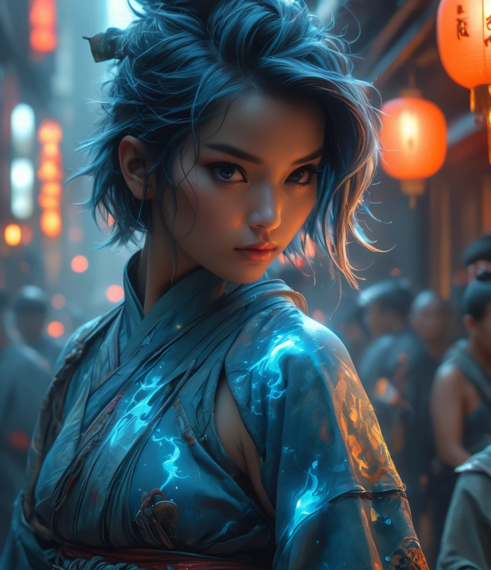 Samurai, 25yo woman, hyperrealism, very detailed skin, 4k,,, AshleyWoodArtAI, Organic Painting, night time, Matte Painting, bold shapes, hard edges, street art, trending on artstation, by Huang Guangjian and Gil Elvgren and Sachin Teng, Glow, slender body shape, big breasts, short hair, blue hair