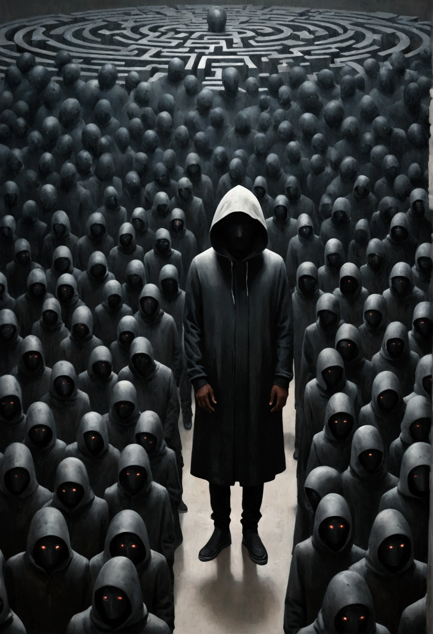 Many black people standing in concrete maze, Faceless Man像, A swarm of robots, Faceless Man dark, Faceless Man, Alessio Albi, Hooded figure, large group, Complex cybernetic organism, Abstract Surrealism, Vantablack Wall, Men stand out in the picture, The art of math, The art of math