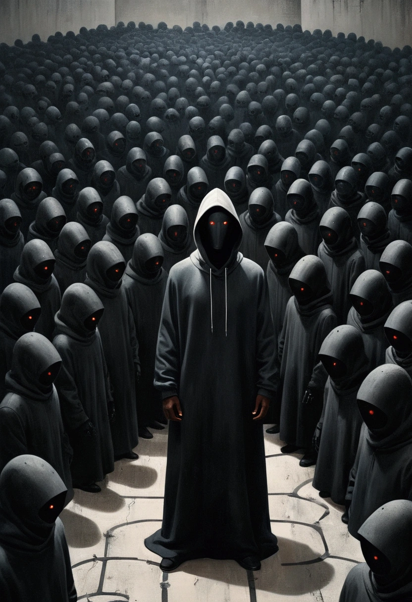 Many black people standing in concrete maze, Faceless Man像, A swarm of robots, Faceless Man dark, Faceless Man, Alessio Albi, Hooded figure, large group, Complex cybernetic organism, Abstract Surrealism, Vantablack Wall, Men stand out in the picture, The art of math, The art of math