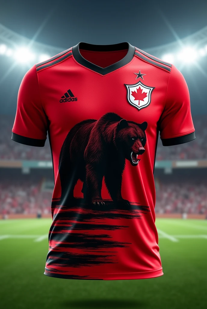 Red Canada soccer jersey with black detail and bear