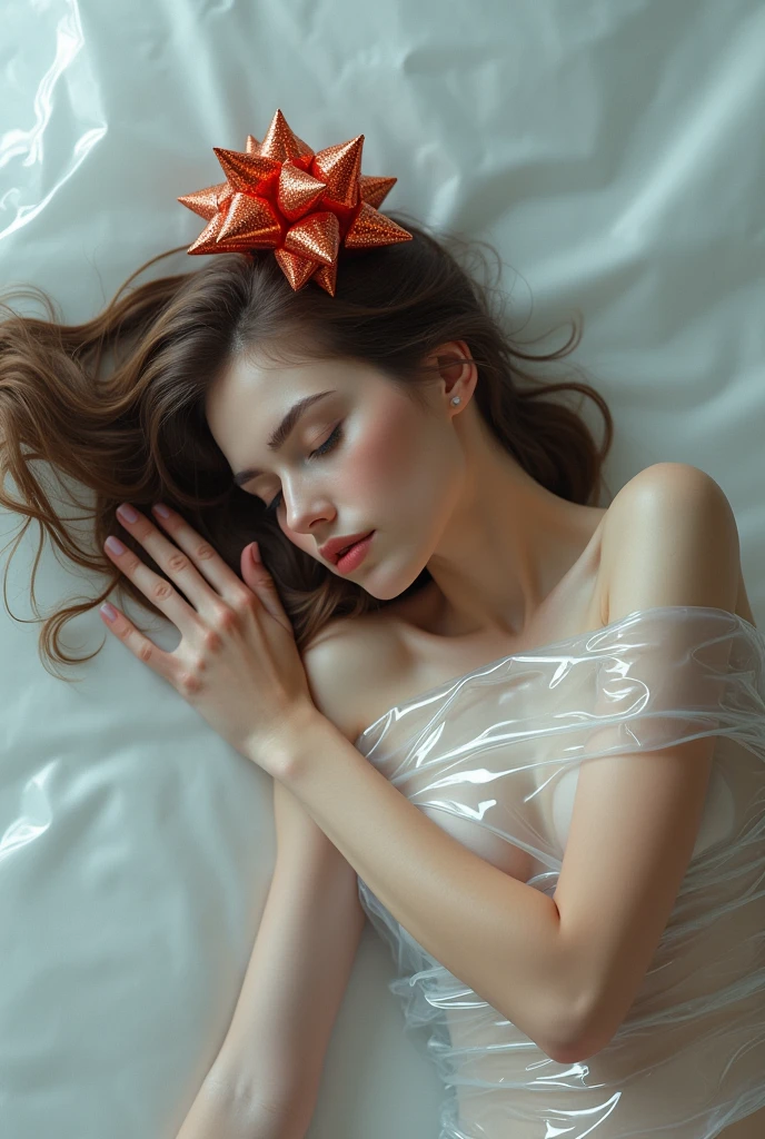  a beautiful naked sleeping brown haired European young adult woman who is wrapped in plastic and has a gift bow on her head, The woman&#39;s body is stretched out and is on the ground, Full body view, Excellent lighting, hyperrealistic quality image, high resolution