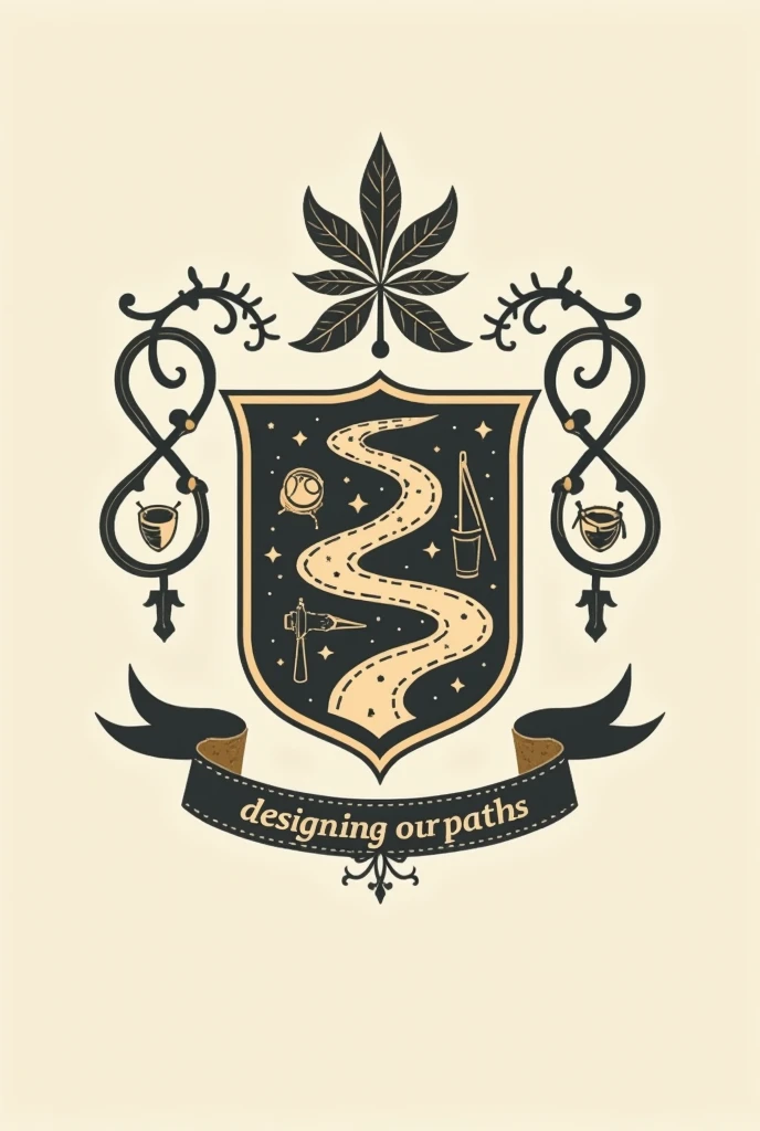 Make a picture of an ancient family crest based on the following sentence, Motto: "Designing our paths" that the shield has elements like a road, the art of designing, create, be creative and represent that phrase, Let it be simple, 2d