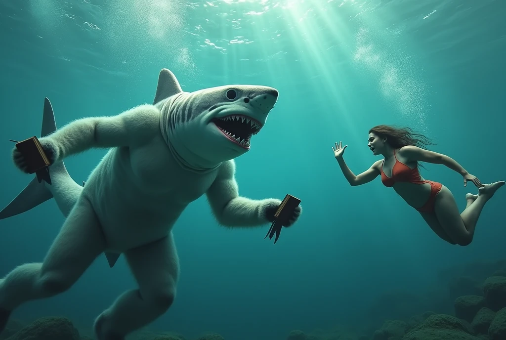 A great white shark furry (anthropomorphic animal) rushes up of a woman swimming and offers her religious pamphlets, while it holds a bible tucked in one fin and asks her in big clear letters 'Do you know Jesus' across the bottom of the screen, the shark is a Jehovah's witness surreal under water scene, panicked woman in swimsuit
