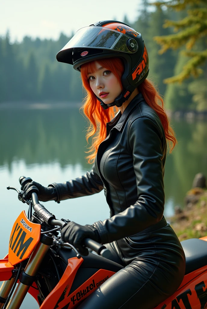 (photo-realistic, ultra-realistic), (very beautiful Japanese girl with red hair, famous Japanese idol:1.3), dramatic scene, masterpiece, beautiful eyes, (wearing an extremely tight fitting mechanic's uniform that made of leather), she is working as a mechanic motorcycles, repairing KTM off-road motorcycle at scenic lake side in a beautiful deep forest,  (acrobatic pose), dynamic angle, spectacular, (very large breasts), shoei off-road helmet