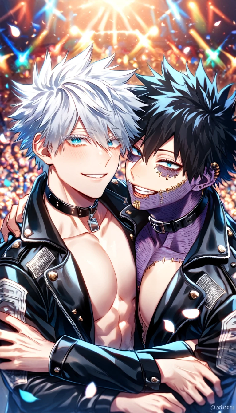 absurdres, highres, ultra detailed, HDR, master piece, best quality, extremely detailed face, delicated features, Dabi, black hair, expressive turquoise eyes, Boku No Hero Academia, Gojou Satoru, white hair, expressive blue eyes, white eyelashes, two sexy men together, yaoi, gay couple, handsome, smiling, black vest, black leather jacket, rockers, black rocker clothes, black collar, showing the chest, toned, patterns, stage, lights, petals, fantasy, magical