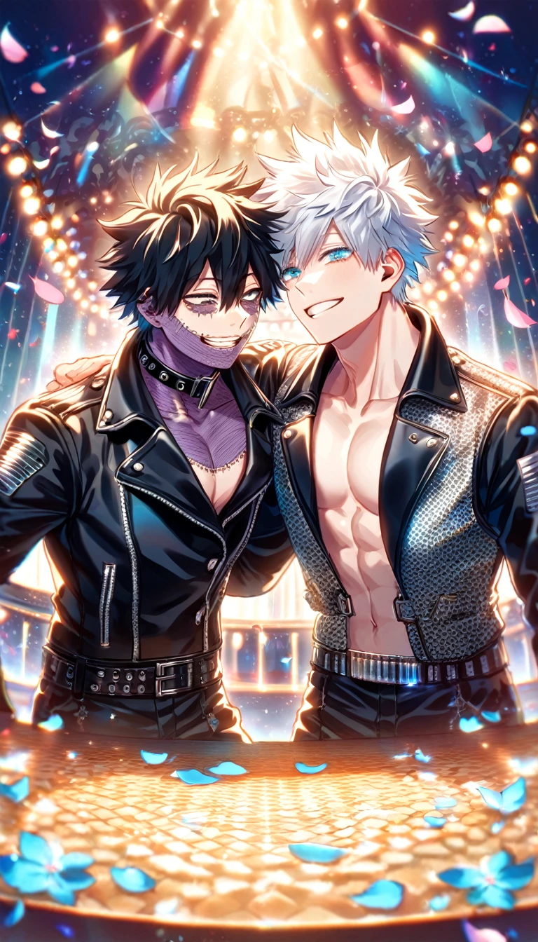absurdres, highres, ultra detailed, HDR, master piece, best quality, extremely detailed face, delicated features, Dabi, black hair, expressive turquoise eyes, Boku No Hero Academia, Gojou Satoru, white hair, expressive blue eyes, white eyelashes, two sexy men together, yaoi, gay couple, handsome, smiling, black vest, black leather jacket, rockers, black rocker clothes, black collar, showing the chest, toned, patterns, stage, lights, petals, fantasy, magical