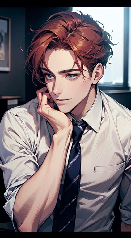 (Highest quality,4K,8K,High resolution,masterpiece:1.2),Super detailed,(Realistic,photoRealistic,photo-Realistic:1.37),1 personld,Mature Man,Beautiful skin、Profile、very handsome,Expressionless,smile,Short gray red hair,blue eyes,Sharp Eyes,A perfect face without a doubt,Businessman,Office Background,Cinema Lighting,HDR image,tie.