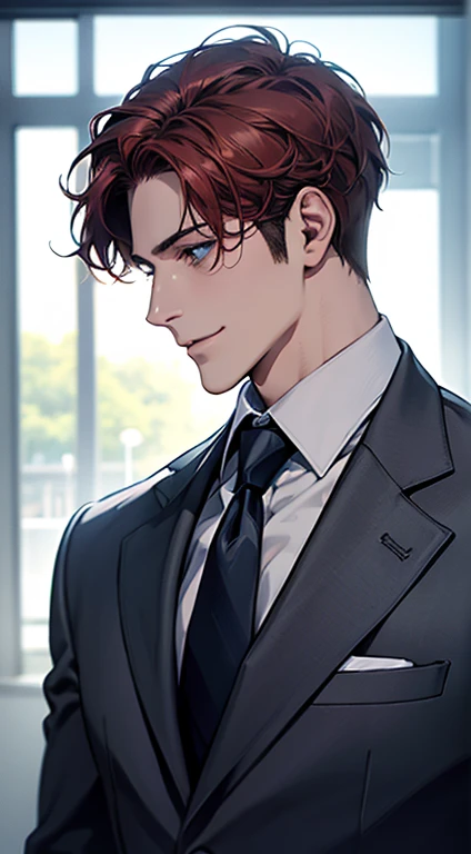 (Highest quality,4K,8K,High resolution,masterpiece:1.2),Super detailed,(Realistic,photoRealistic,photo-Realistic:1.37),1 personld,Mature Man,Beautiful skin、Profile、very handsome,Expressionless,smile,Short gray red hair,blue eyes,Sharp Eyes,A perfect face without a doubt,Businessman,Office Background,Cinema Lighting,HDR image,tie.