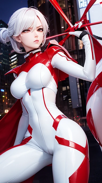 Two Lesbian Super Heroines, using white latex/red and semi-transparent (fully body), medium breasts, defined butt, defined legs, sensual and provocative, looks seductive, in the middle of the city, anime styling, best qualityer, High definition, work of art