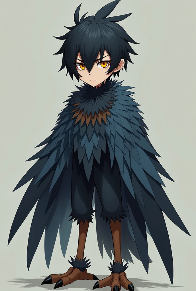 Youngh, sharp look, with yellow eyes and feathers of the same black color, shorth hair, but on the back there are feathers the same color as the hair. Its main feathers are bluish, with brown details and feathers of the same color on the neck and thighs. He usually has a serious and indifferent expression on his face., and has slightly pale skin.