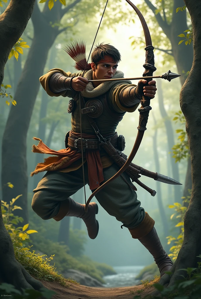 Here is a detailed prompt based on the image:
**Prompt:**
"A skilled archer dressed in forest-themed, medieval-style armor is shown in mid-air, aiming his bow with precision. He is wearing a bandana over one eye, indicating a missing eye or injury. His outfit consists of layered, rugged clothing with leather boots and gloves, giving him a battle-hardened look. His pose is dynamic, with one leg bent and the other extended as he leaps through a dense forest environment
