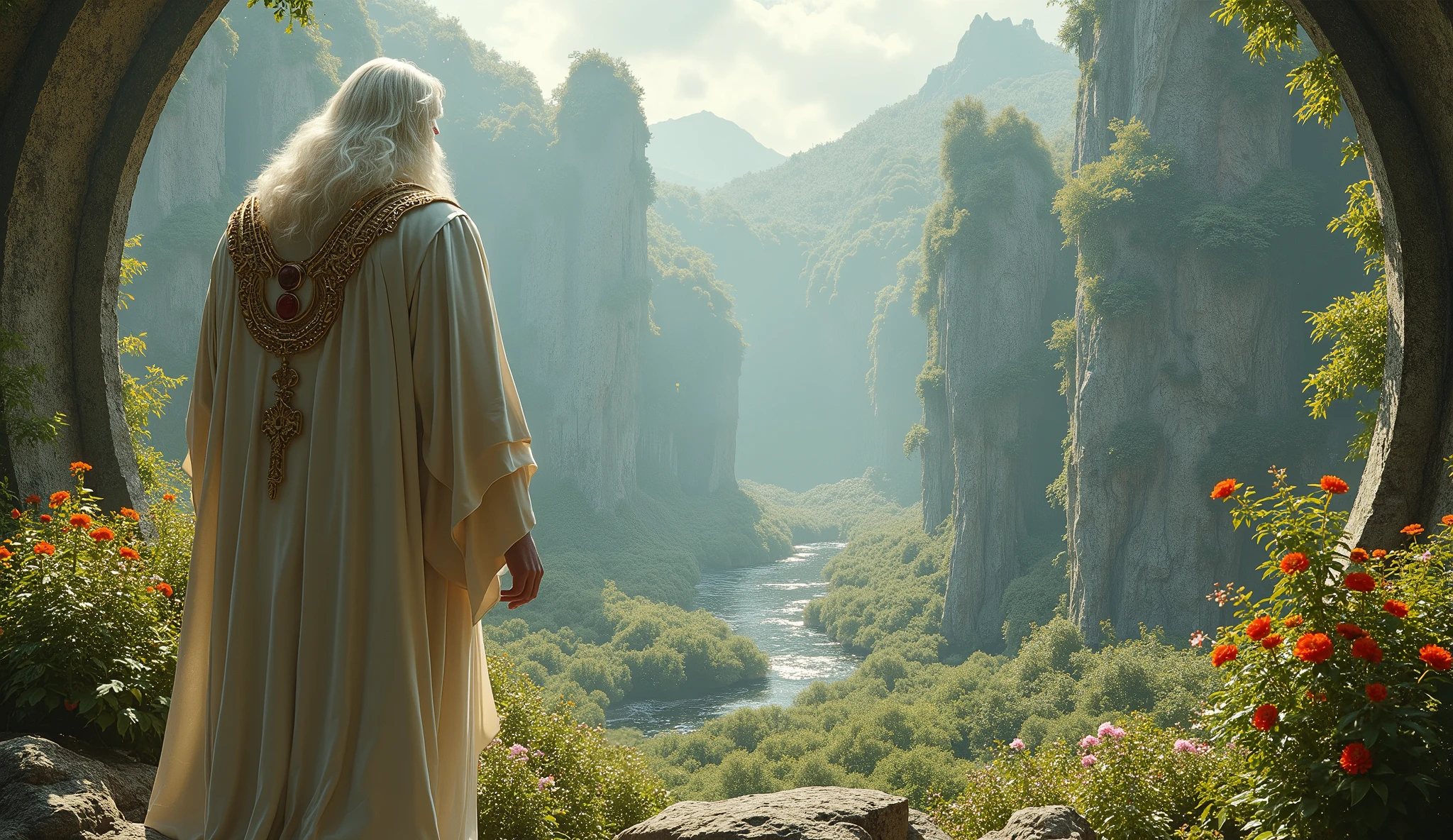16k, 32k, UHD, masterpiece, best quality, upper body, God, who is super vast and gigantic, wearing white and shimmery gold robe, long white hair, white beard, God is super Gigantic looking downward on the beautiful enchanting garden of Eden. style raw