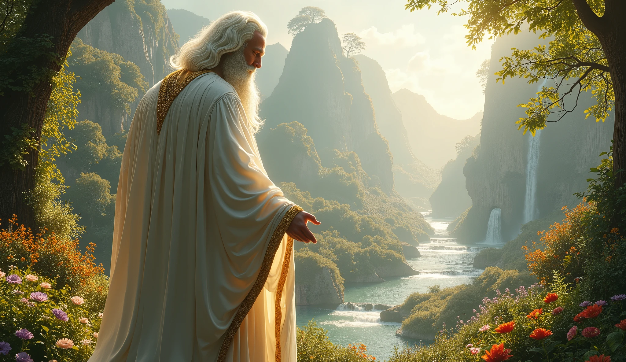 16k, 32k, UHD, masterpiece, best quality, upper body, God, who is super vast and gigantic, wearing white and shimmery gold robe, long white hair, white beard, God is super Gigantic looking downward on the beautiful enchanting garden of Eden. style raw